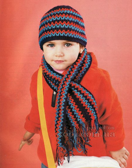 Детские шапка и шарфик спицами и крючком с описанием вязания и схемами
