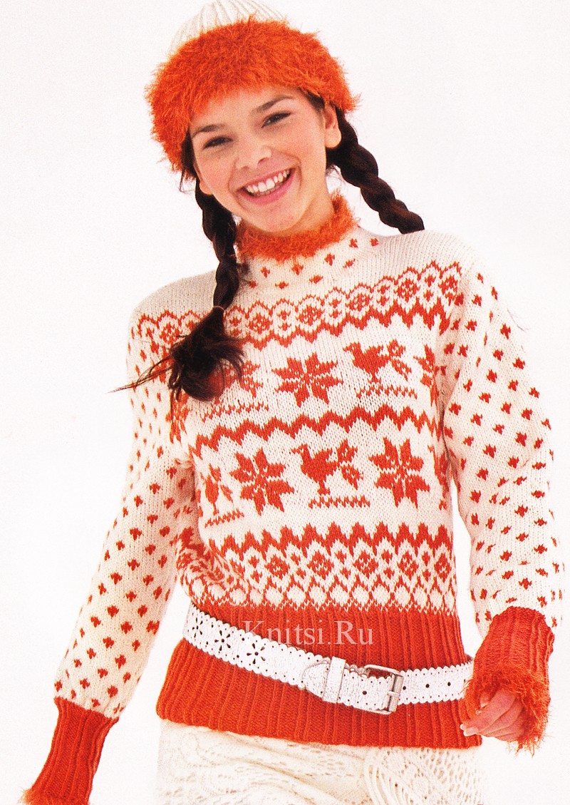 Пуловер с норвежскими узорами и шапочка