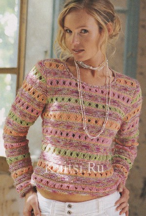 Мелнжево-полосатый ажурный пуловер