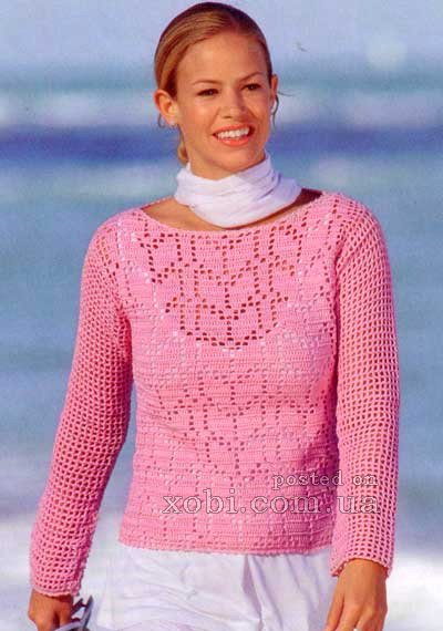 розовый пуловер вязаный филейным узором