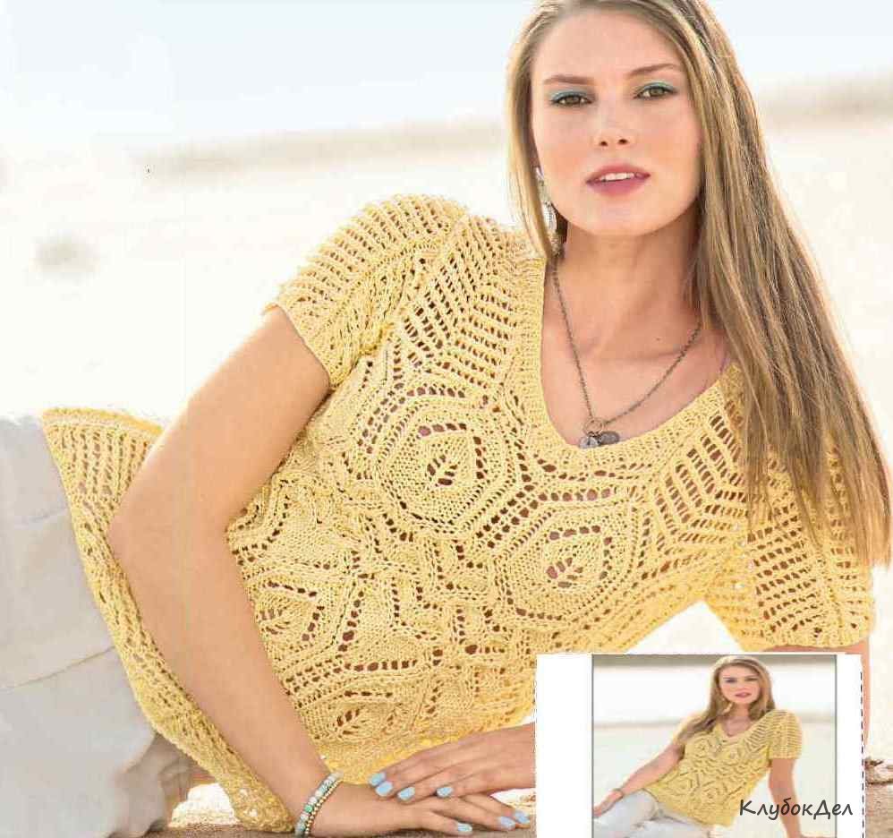 Желтый ажурный пуловер. Вязание спицами пуловеров для женщин