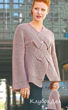 Оригинальный пуловер с переплетенными полосами связанный крючком