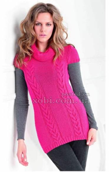 длинный вязаный розовый пуловер с коротким рукавом